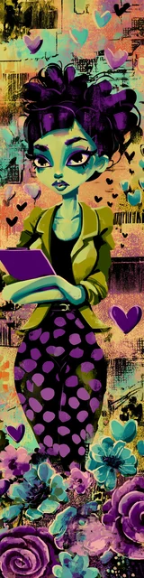 Free teacher bookmark featuring a green-skinned teacher with purple polka dots